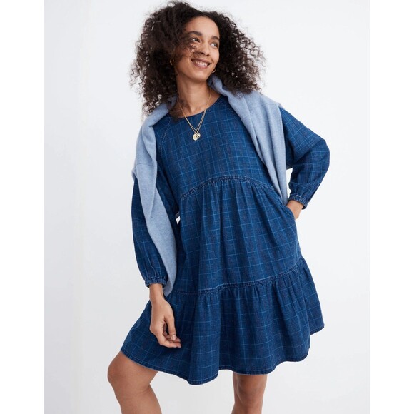Madewell Windowpane Denim Mini Dress in Lunar Wash - Picture 2 of 9